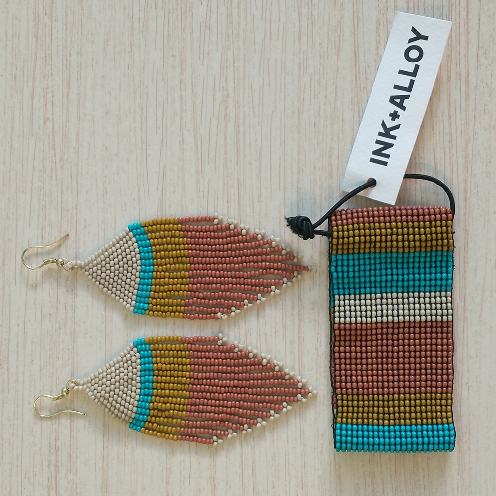 Ink+Alloy Rust Ivory Citron + Turquoise Stripe Fringe Earrings and Bead Bracelet